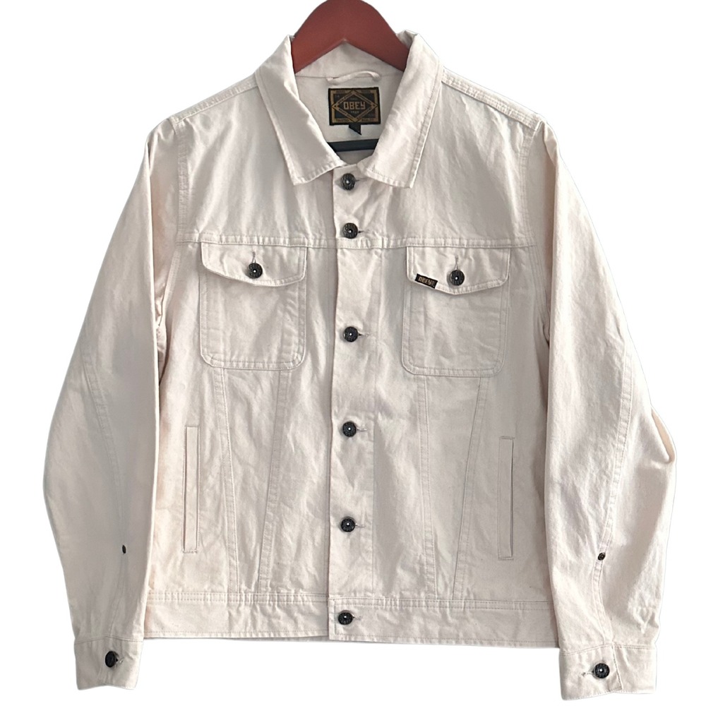 OBEY Clothing Trucker Jacket Men's M Archival Studio Flecked Canvas White